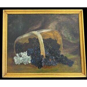 Antique Victorian Still Life Oil Painting Grapes Floral Primitive Folk Art Green